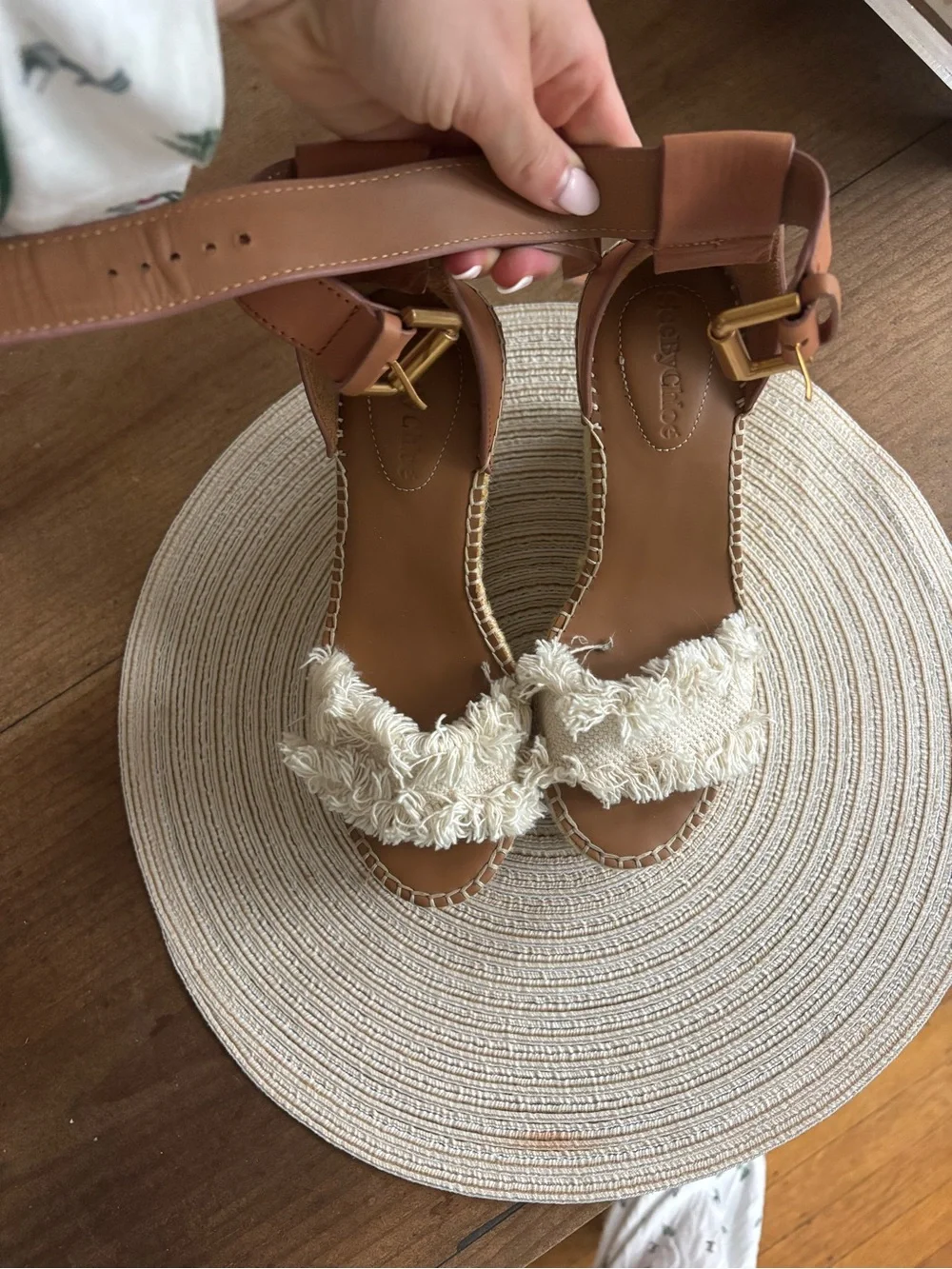 See by Chloe Fringe Espadrille Wedge Sandals - Tan & Cream